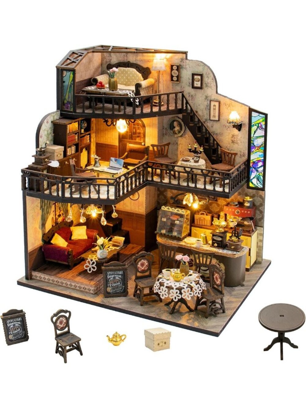 DIY Vintage Miniature Coffee Shop House Kit with LED Lights - Wooden Craft